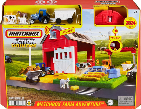 Playset, 1:64 2 Matchbox Toy Car & Action Drivers Farm Adventure with Scale Tractor & Trailer, Hay Bales & Detachable