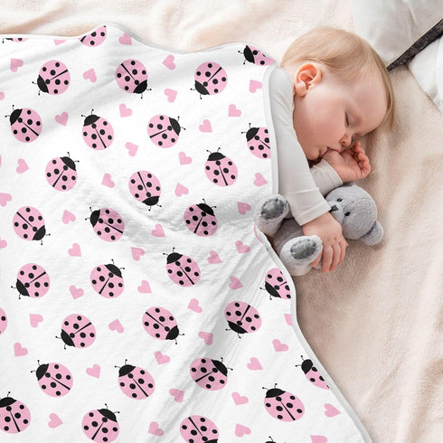 KICPOAY Cute Ladybug Heart Pink Baby Swaddle Blanket for Boys and Girls, Muslin Baby Receiving Swaddle Blanket, Soft