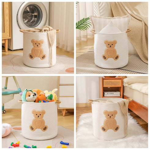 Large Blanket Baskets for Living Room, Teddy Bear Baskets Toy Storage Basket Woven Cotton Rope Basket for Kids, Toys