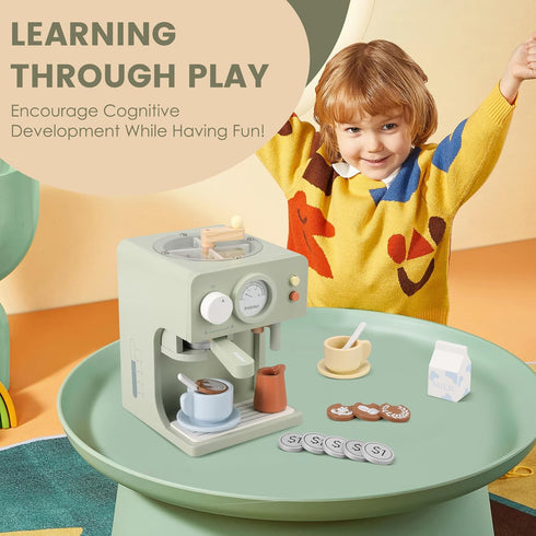 Kids Wooden Coffee Maker Toy with Grinder, Pretend Play Kitchen Appliances Gift for Toddlers