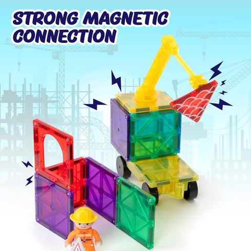 Set, 3+ 52-Piece Playmags City Construction Magnetic Tiles Building Blocks with Crane & Road Pieces, Educational STEM