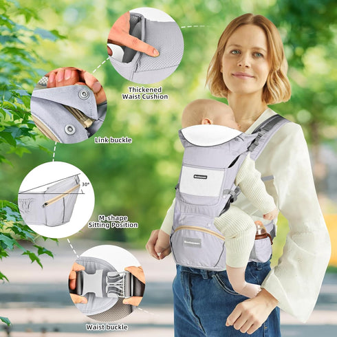 6-in-1 Baby Carrier with Hip Seat, Ergonomic M Position Baby Carrier Newborns to Toddlers, Adjustable Baby Holder