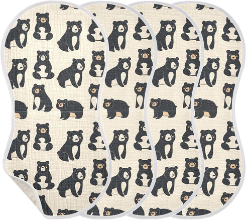 Set 4, 22x11in KLL Cute Black Bears Cotton Large Burp Cloths for Baby Breathable wash Cloth for Newborns boy and Girl