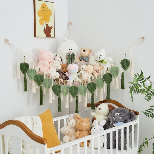 Hammock Pretty Jolly Stuffed Animal Storage with Hand Woven Leaf Tassels Corner Hanging Net Boho Macrame Plush Storage