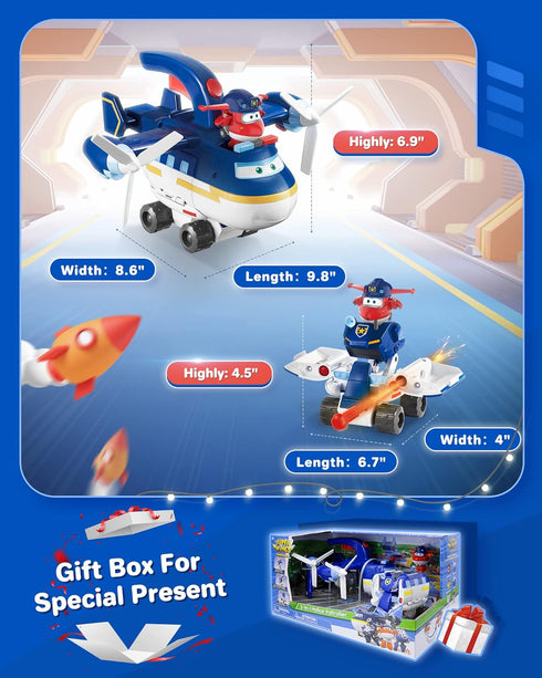 Super Wings Toy Airplane, Patrol Car, 2" Tall Jett Action Figure Set, Transforming Airplane Toy Vehicle, Airplane to