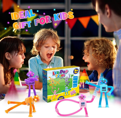 Robot Fidget Toys for Kids: 4 Pack LED Robotic Pop Tubes, Sensory Toy for Ages 2-8, Christmas Birthday Gifts