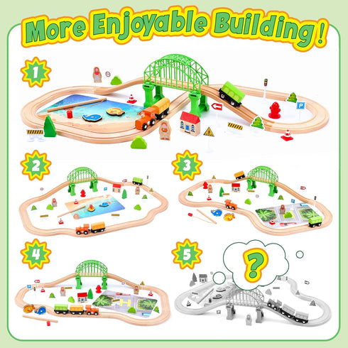 Set 61-Piece 3-8, Playset Wooden Train for Toddlers Kids Ages Double-Sided Expandable Train Track with Puzzles