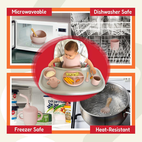 Set Set Tygo Silicone Baby Feeding Complete Self-Feeding with Suction Plate, Spill-Proof Bib, Wooden Spoon & Fork