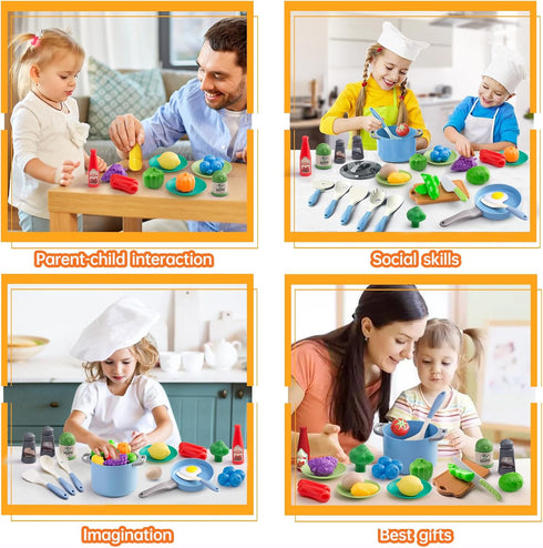 35Pcs Toddler Pretend Cooking Playset with Play Pots and Pans, Utensils Cookware Toys, Play Food Set (Blue)