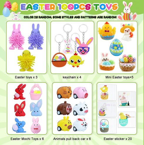 H-Style 100Pcs Easter Egg Fillers, Easter Basket Stuffers Essentials for Teens Kids- Small Toys Bulk Party Favors