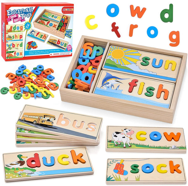 Atoylink Wooden Spell Learning Toys for 2-5 Year Old Kids, Match Letter Spelling Game Board & Letters Educational Toy