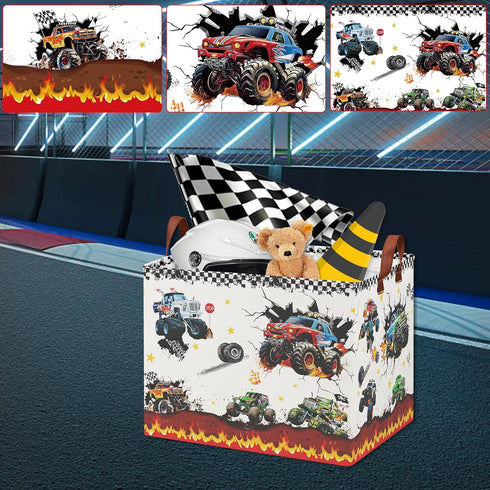 36L Monster Trucks Storage Basket,Collapsible Car Room Decor for Boys ,Waterproof Kids Laundry Hamper, Monster Trucks