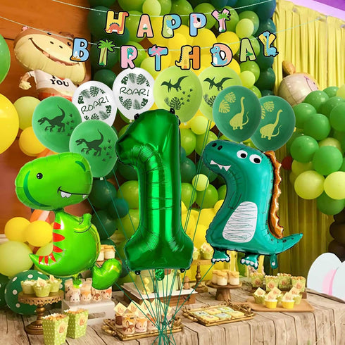 Happy 1st Birthday Decorations - Large Dinosaur Foil Balloons, Number 1 & Dinosaur Printed Balloons, Banner for Boy &