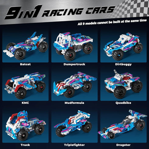 9 1 Set 8 Technic in Pull-Back Car Building - Off-Road Race Vehicle Models for Boys and Girls, STEM Engineering Toy
