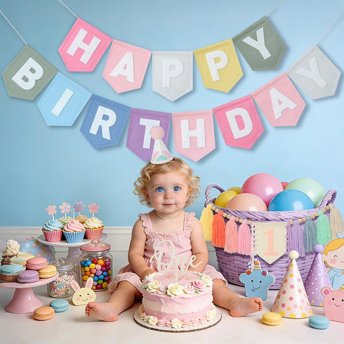 1st DCJHFJ Pastel Macaron Rainbow High Chair Banner Felt Happy Birthday Banner Pre-Strung Birthday Party Decorations