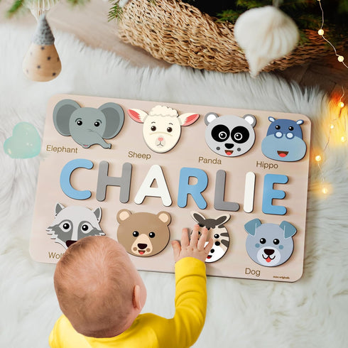 1st 0-3: Cute Name Puzzle: Personalized with Name and Animals | Birthday Gift, Wooden Toy Playful Learning Experience