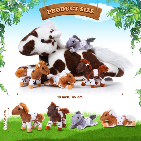 Lenwen 5 Pcs Horse Stuffed Animals Plush Toy Set, Large Mommy Horse with 4 Cute Babies for Toddlers (Lively)