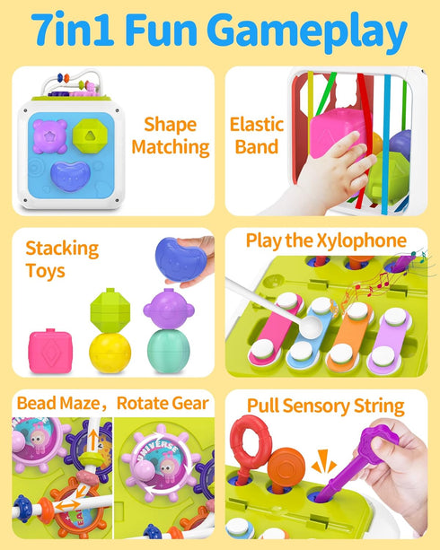 Montessori Toys for 1 Year Old Girls Boys, Baby Sorter Activity Cube, 7-in-1 Developmental Learning Toys