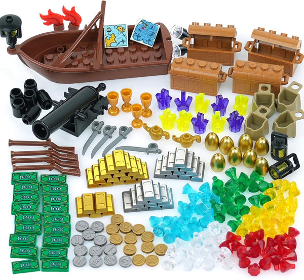 MALEKO Money Pirate Ship Treasure Accessories, Bank Dollars Cannon Crystals Gems Coins