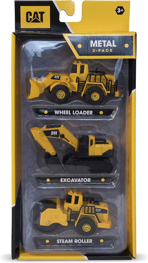 CAT Construction Toys 3 Pack Vehicles - Die Cast Metal Steam Roller, Excavator, Wheel Loader for Ages 3+