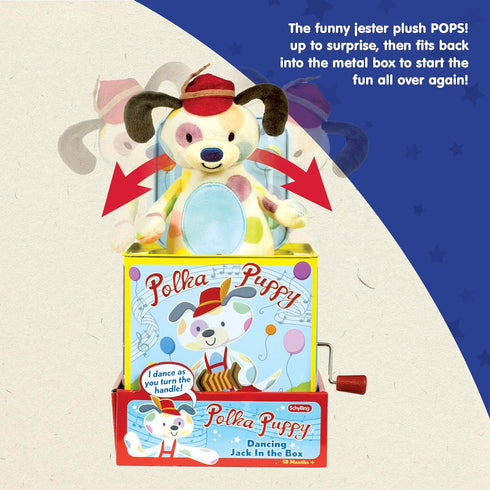 18 Schylling Polka Puppy Jack in the Box - Classic Children's Musical Toy that Dances - Colorful Embossed Tin Box