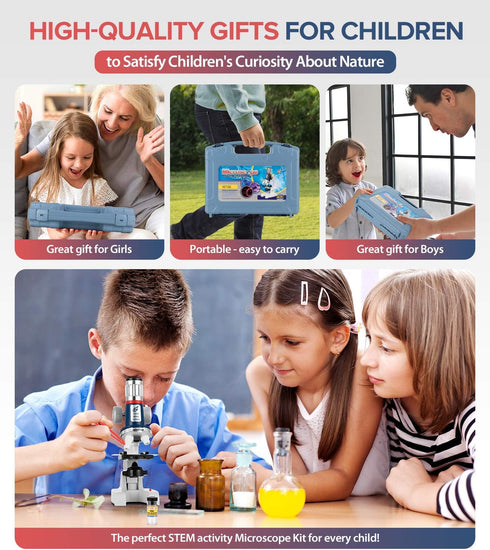 58-Piece Kids Microscope Kit - 100X-1200X Magnification with LED Light and Carrying Box for Ages 5-12