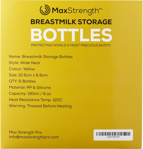 6pc Set 6.oz 180ml Breastmilk Bottles with Leak Proof Lids by Max Strength Pro, Reusable Wide Neck Bottles Best