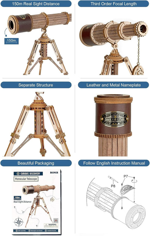 ROKR 3D -3X Puzzles for Adults Wooden Telescope Building Model Kit with Tripod for Adults Magnification Science Kit