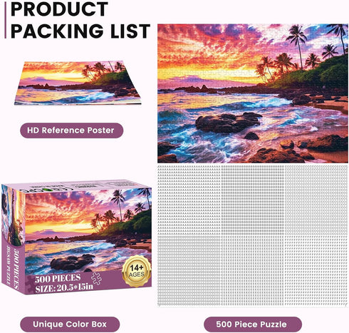 500 Piece Beach Puzzle for Adults - Sunset Recycled Cardboard Jigsaw for Family Fun - Great Gift Idea