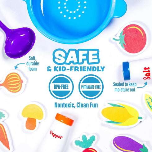 Tub Works Tub Soup Scoop, Strain & Play Toddler Bath Toy | Floating Foam Veggies, Ladle for Scooping & Soup Pot