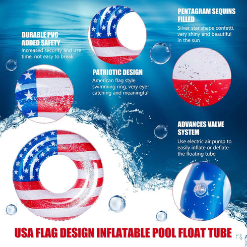 Zhanmai Patriotic Inflatable Pool Float Tube - USA Flag Design Water Swimming Ring for Kids, 36 Inch (2 Pieces)