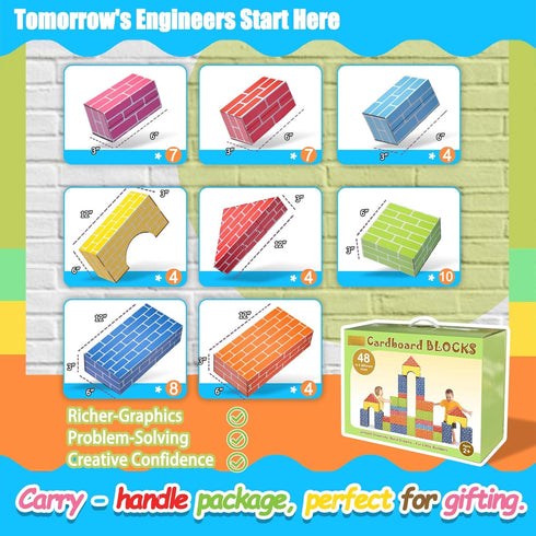 Cartboatoy 48-Pack 26/36/48 Cardboard Building Blocks for Kids: Jumbo Gifts Heavy Duty Develop Creative Thinking
