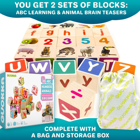 Quokka Montessori Wooden Blocks, 35 Realistic ABC Learning Baby Blocks for Toddlers 1-3, Stacking Alphabet Wood Toys
