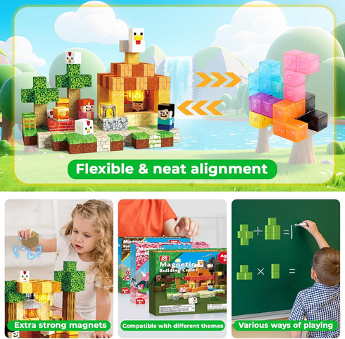 200PCS 3-10 Annexfun Magnetic Blocks with Light Up Blocks,Magnetic Building Blocks,Magnetic Cubes for Ages STEM Sensory