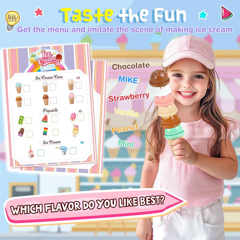 Counter Playset 3 4 5 6 7 8 Loscola Ice Cream Toy, Wooden Ice Cream Toys for Kids Toddlers, Pretend Play Kitchen Food