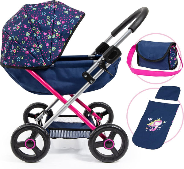 Bayer Design Dolls Pram Cosy - Blue, Pink, Hearts, Includes Blanket & Shoulder Bag, Fits Dolls Up to 18"