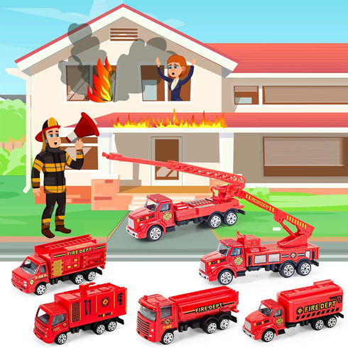 6 Pcs Diecast Fire Rescue Truck Vehicle Set - Alloy Metal Fire Truck Model Car Toys for 3+ Year Olds