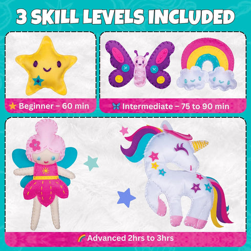 CRAFTSBEE 7+ 5 Cozy Magical Unicorn Sewing Kit for Girls - Create Adorable Felt Animals & a Pillow - Fun, Easy