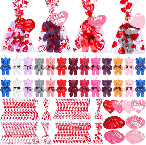 Zonon 144 Pcs Valentine's Day Mini Stuffed Bear Bulk Toy with Gift Bags and Heart Cards, 4.72 Inch Plush Bears