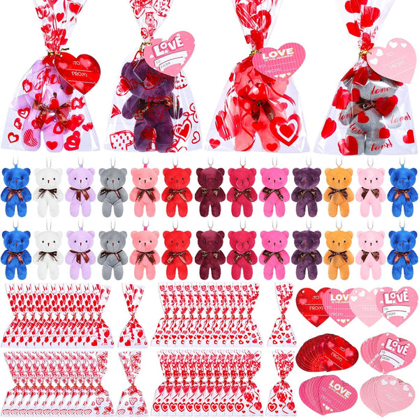 Zonon 144 Pcs Valentine's Day Mini Stuffed Bear Bulk Toy with Gift Bags and Heart Cards, 4.72 Inch Plush Bears