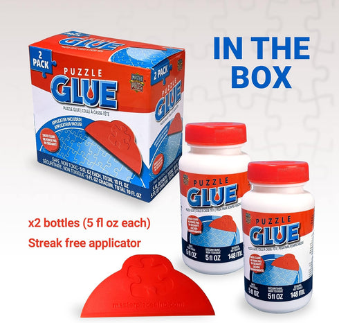 2 Pack, 5 oz MasterPieces Puzzle Glue with Wide Plastic Spreader, Easy to Apply, Dries Quick and Clear, Protects