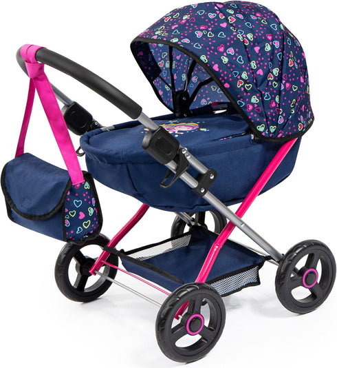Bayer Design Dolls Pram Cosy - Blue, Pink, Hearts, Includes Blanket & Shoulder Bag, Fits Dolls Up to 18"