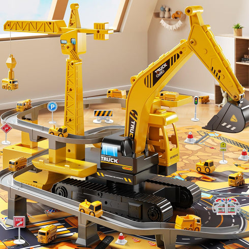 3-5 3 4 5 6 Construction Excavator Toys for Boys Year Old - Engineering Digger Race Tracks with Excavator Crane, Car