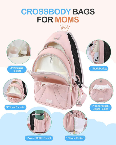 Pack 2 AGPTEK GPTEK Diaper Sling Bag, Small Crossbody Bags for Mom with Insulted Pockets & Water Bottle Holder