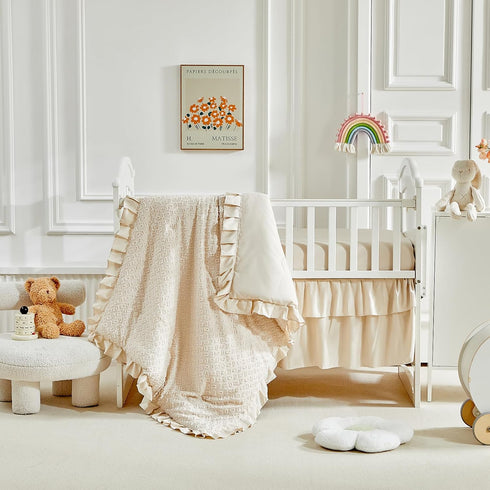 3 Set Pieces Tufted Crib Bedding with Ruffle Fringe, Beige Ruffled Comforter with Fitted Sheet and Bed Skirt , Soft