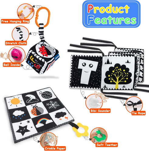 Black and White High Contrast Baby Toys 0-3 Months, Montessori Sensory Infant Tummy Time Toys