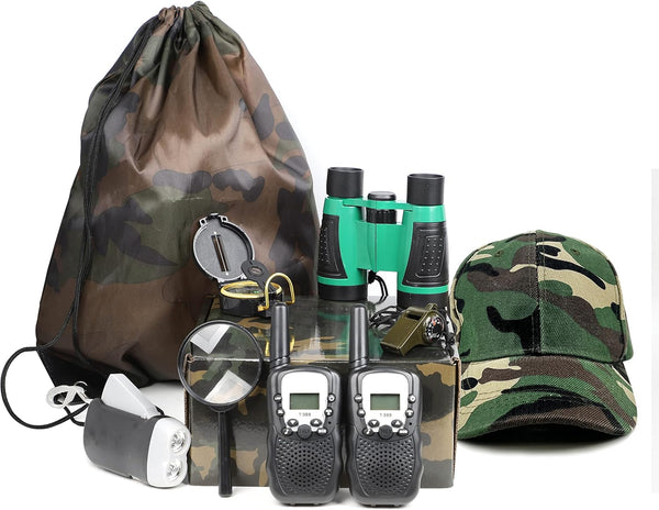 Box O' Mart Outdoor Adventure Set for Kids - Camouflage Camping Exploration Toys with Walkie-Talkies
