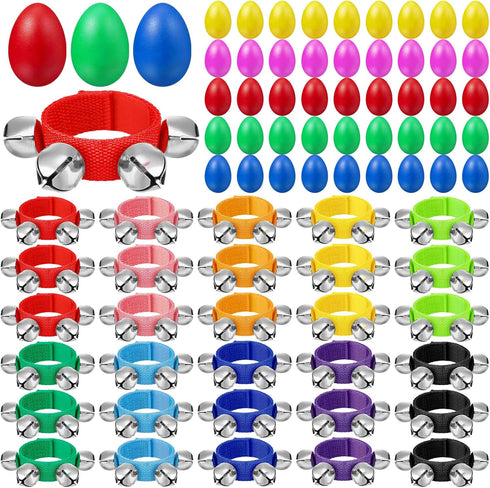 Honoson 75 Pcs Christmas Shaker Musical Instruments for Kids, Egg Shaker and Wrist Band Jingle Bells Set