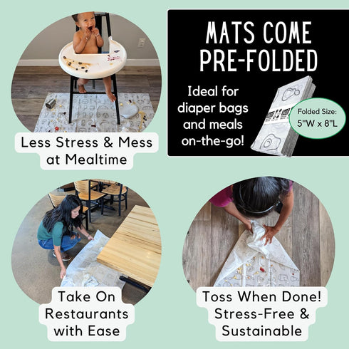 30 Pack (THEO001) | Disposable Splat Mats | Biodegradable + Compostable | THEO'S MATS | Under Highchair Splat Mat