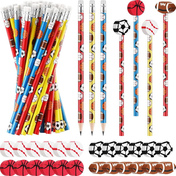 Chivao 36 Set Sports Pencils and Erasers for Boys Girls, Baseball Soccer Football Basketball School Supplies